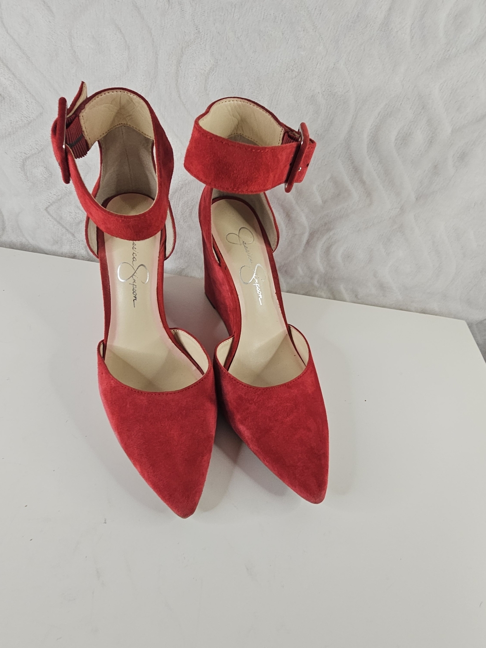 Jessica Simpson Red Suede Ankle-Strap Pointed-Toe Heels -